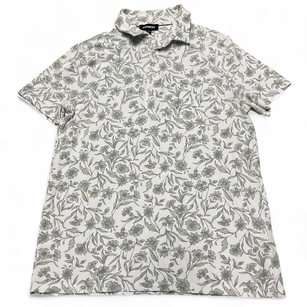 Express Shirt Mens Medium Floral Print Polo Gray White Stretch Casual Wear